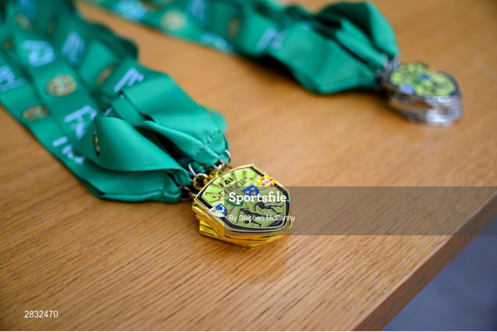 29 May 2024; A detailed view of the medals during the FAI Primary 5s Finals day at Aviva Stadium in Dublin. Photo by Stephen McCarthy/Sportsfile