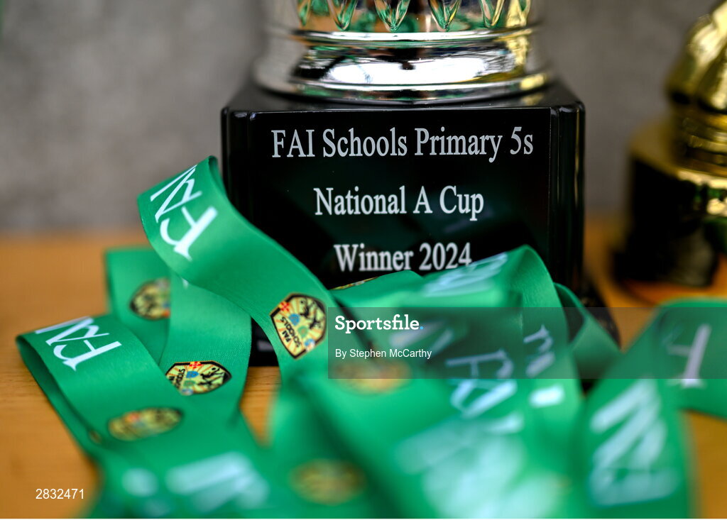 29 May 2024; A detailed view of the trophy during the FAI Primary 5s Finals day at Aviva Stadium in Dublin. Photo by Stephen McCarthy/Sportsfile