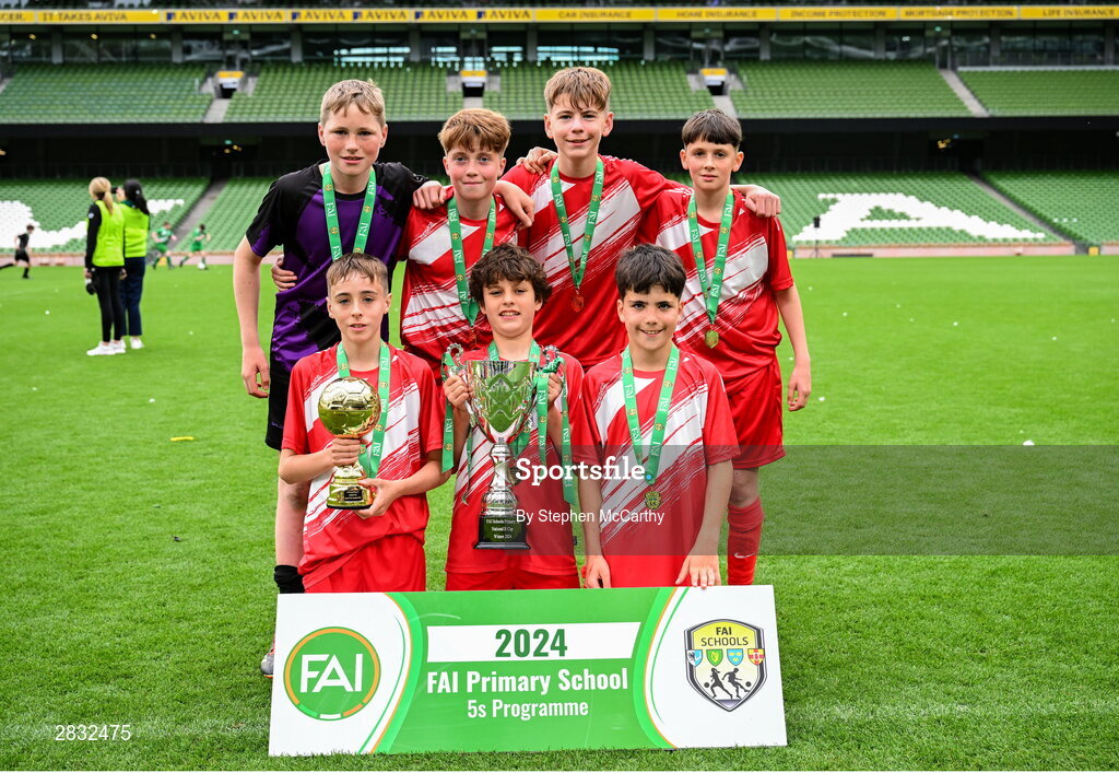 29 May 2024; Gaelscoil Choinn tSáile, Cork, celebrates after winning section B cup, for mixed medium sized schools, during the FAI Primary 5s Finals day at Aviva Stadium in Dublin. Photo by Stephen McCarthy/Sportsfile