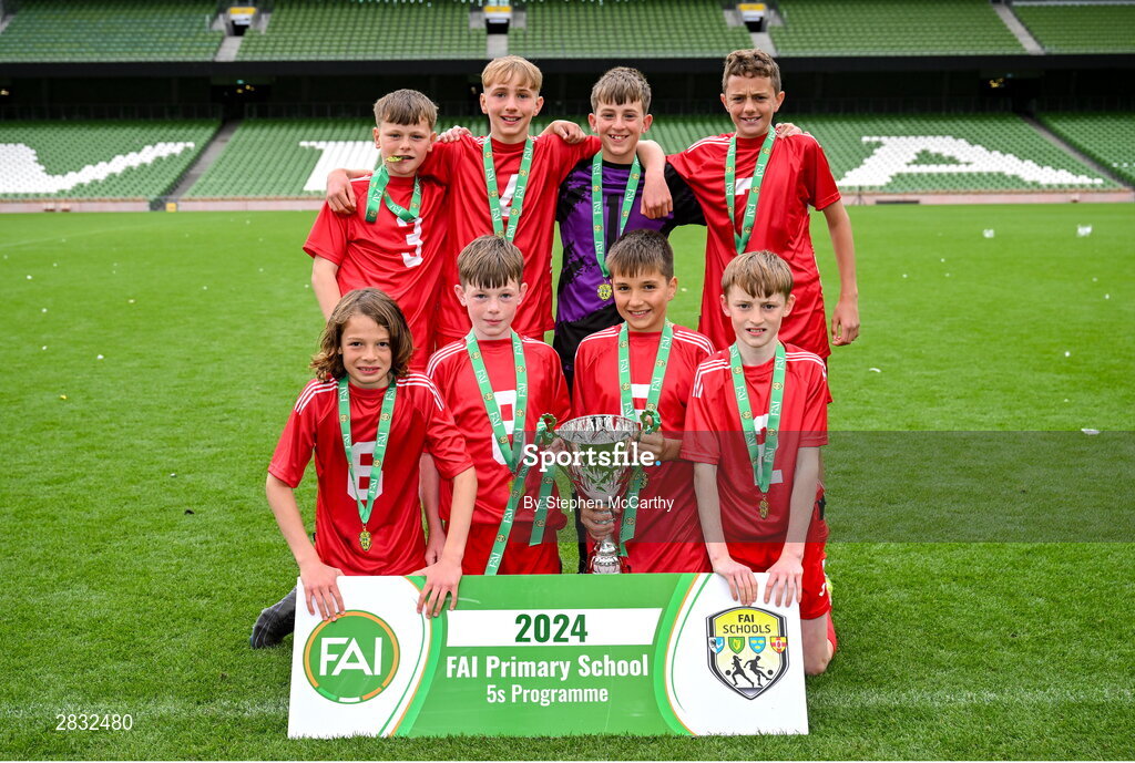 29 May 2024; Beaumont BNS, Blackrock, Cork, after winning the section C cup, for mixed large sized schools, during the FAI Primary 5s Finals day at Aviva Stadium in Dublin. Photo by Stephen McCarthy/Sportsfile