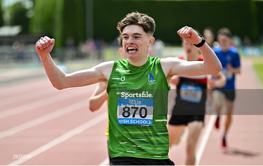 1 June 2024; Michael Moore of Loreto Milford, Donegal, celebrates after finishing second in the inter boys 800m during day two of the 123.ie All-Ireland Schools’ Track and Field Championships at Tullamore Harriers Athletics Club in Offaly. Photo by Sam Barnes/Sportsfile