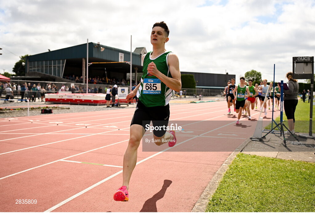 1 June 2024; Oisin Lynch of St. Brendans Killarney, Kerry, on his way to winning the senior boys 800m during day two of the 123.ie All-Ireland Schools’ Track and Field Championships at Tullamore Harriers Athletics Club in Offaly. Photo by Sam Barnes/Sportsfile