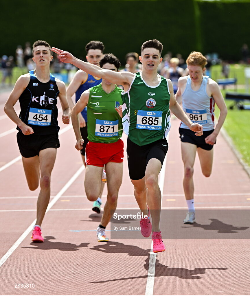 1 June 2024; Oisin Lynch of St. Brendans Killarney, Kerry,  celebrates on his way to winning the senior boys 800m during day two of the 123.ie All-Ireland Schools’ Track and Field Championships at Tullamore Harriers Athletics Club in Offaly. Photo by Sam Barnes/Sportsfile