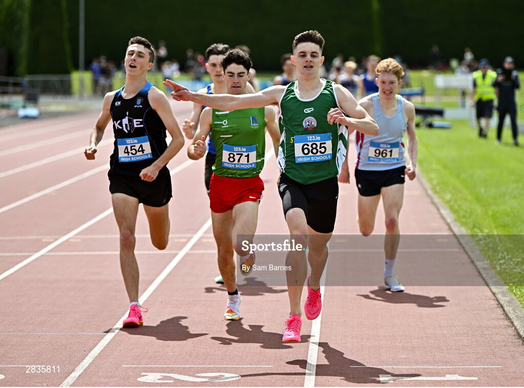 1 June 2024; Oisin Lynch of St. Brendans Killarney, Kerry,  celebrates on his way to winning the senior boys 800m during day two of the 123.ie All-Ireland Schools’ Track and Field Championships at Tullamore Harriers Athletics Club in Offaly. Photo by Sam Barnes/Sportsfile