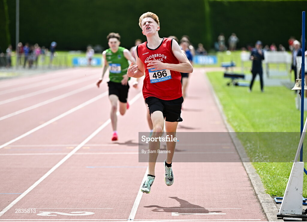 1 June 2024; Bobby More of Woodbrook College, Wicklow, crosses the line to win the inter boys 800m during day two of the 123.ie All-Ireland Schools’ Track and Field Championships at Tullamore Harriers Athletics Club in Offaly. Photo by Sam Barnes/Sportsfile