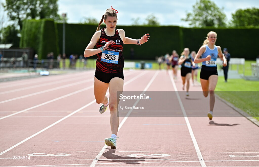 1 June 2024; Saoirse Fitzgerald of Luttrellstown CC, Dublin, crosses the line to win the senior girls 800m during day two of the 123.ie All-Ireland Schools’ Track and Field Championships at Tullamore Harriers Athletics Club in Offaly. Photo by Sam Barnes/Sportsfile