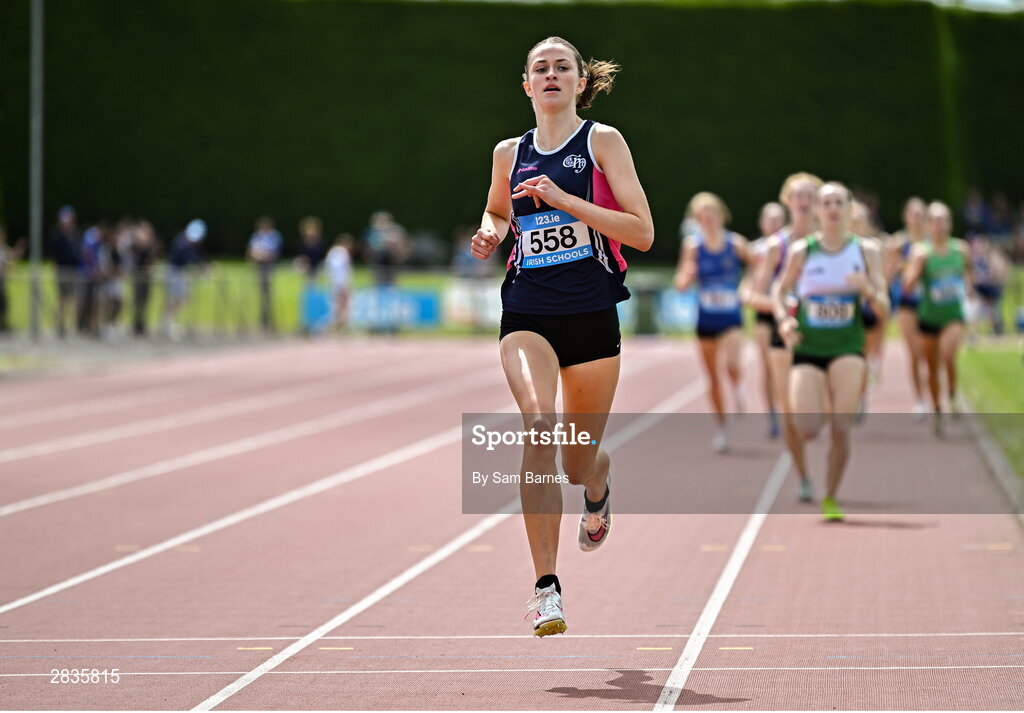 1 June 2024; Faye Mannion of Colaiste Muire Ennis, Clare, on her way to winning the inter girls 800m during day two of the 123.ie All-Ireland Schools’ Track and Field Championships at Tullamore Harriers Athletics Club in Offaly. Photo by Sam Barnes/Sportsfile
