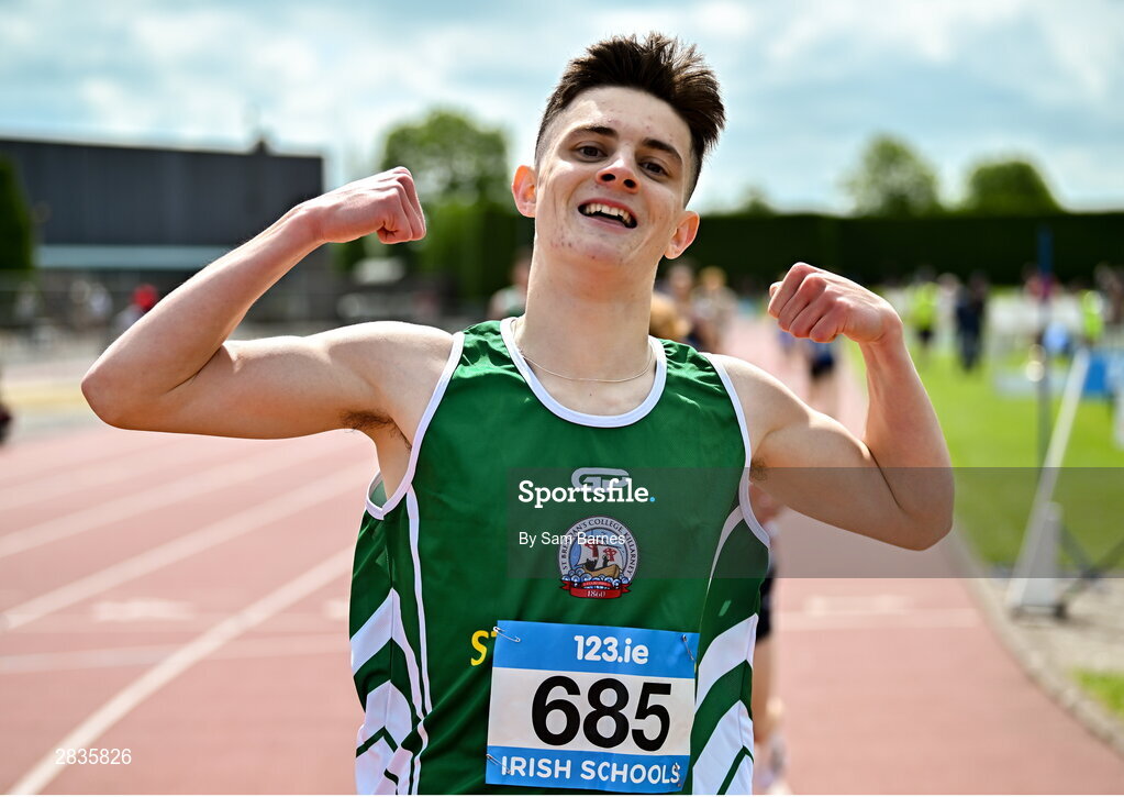 1 June 2024; Oisin Lynch of St. Brendans Killarney, Kerry,  celebrates after winning the senior boys 800m during day two of the 123.ie All-Ireland Schools’ Track and Field Championships at Tullamore Harriers Athletics Club in Offaly. Photo by Sam Barnes/Sportsfile