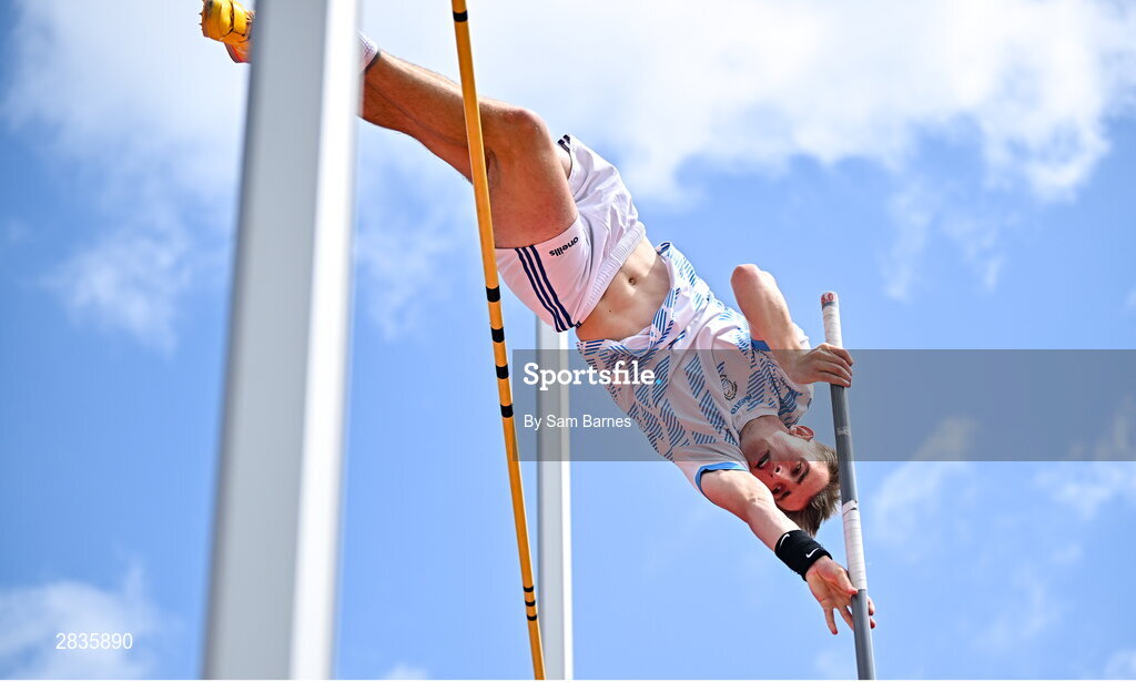 1 June 2024; Michael Kent of Good Counsel College New Ross, Wexford, on his way to winning the inter boys pole vault with a championship record clearance during day two of the 123.ie All-Ireland Schools’ Track and Field Championships at Tullamore Harriers Athletics Club in Offaly. Photo by Sam Barnes/Sportsfile