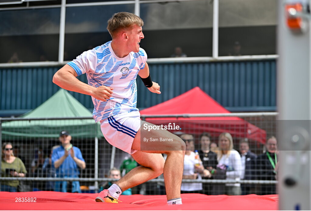 1 June 2024; Michael Kent of Good Counsel College New Ross, Wexford, celebrates a championship record clearance to win the inter boys pole vault during day two of the 123.ie All-Ireland Schools’ Track and Field Championships at Tullamore Harriers Athletics Club in Offaly. Photo by Sam Barnes/Sportsfile