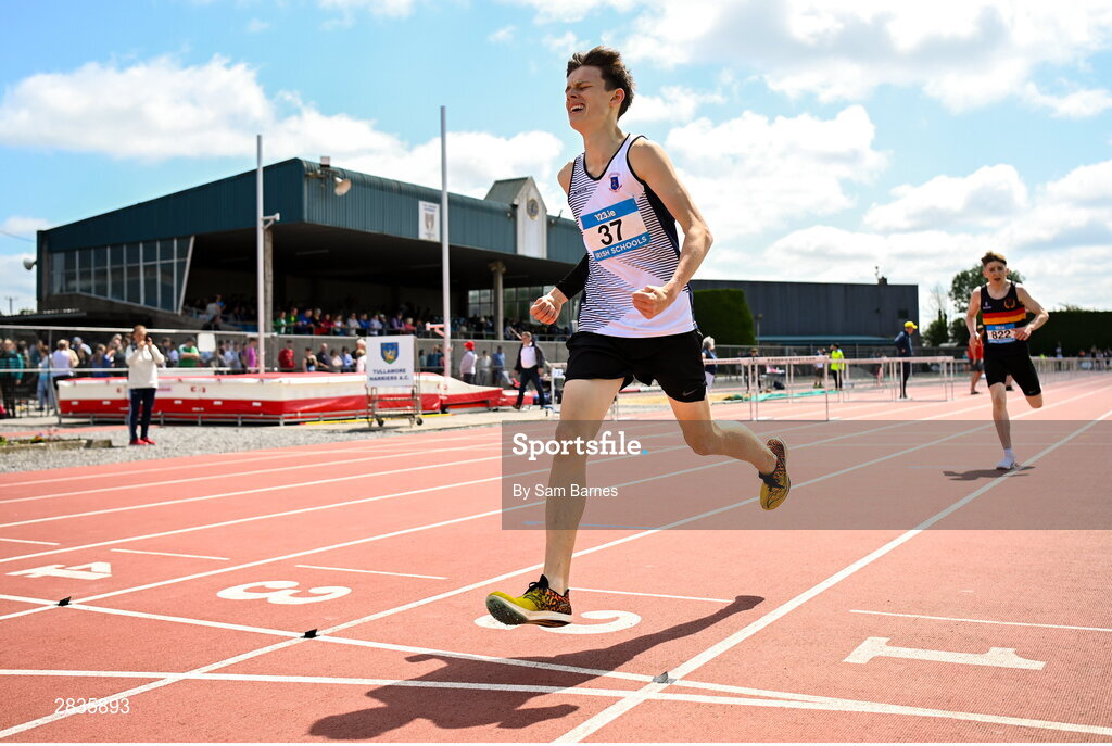 1 June 2024; Luke O`Sullivan of Clarin College Athenry, Galway,  celebrates winning the inter boys 3000m during day two of the 123.ie All-Ireland Schools’ Track and Field Championships at Tullamore Harriers Athletics Club in Offaly. Photo by Sam Barnes/Sportsfile