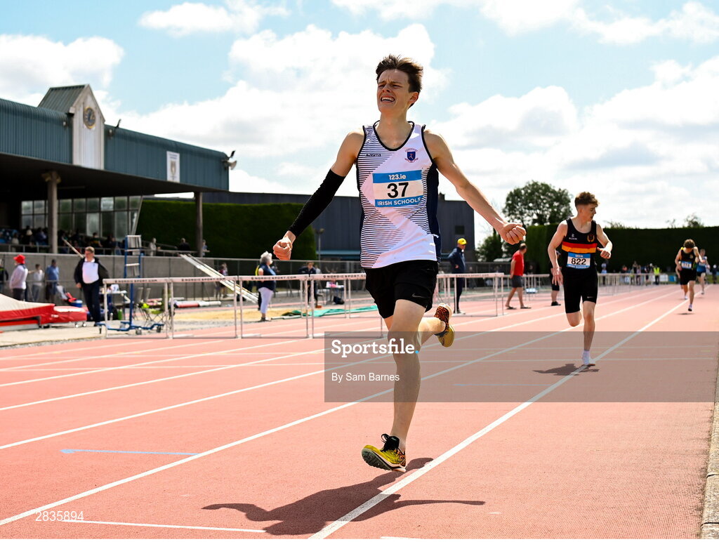 1 June 2024; Luke O`Sullivan of Clarin College Athenry, Galway,  celebrates winning the inter boys 3000m during day two of the 123.ie All-Ireland Schools’ Track and Field Championships at Tullamore Harriers Athletics Club in Offaly. Photo by Sam Barnes/Sportsfile