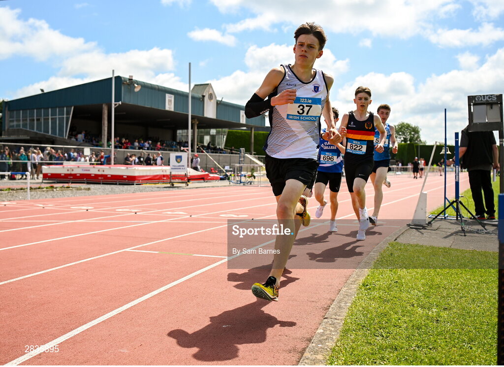 1 June 2024; Luke O`Sullivan of Clarin College Athenry, Galway, on his way to winning the inter boys 3000m during day two of the 123.ie All-Ireland Schools’ Track and Field Championships at Tullamore Harriers Athletics Club in Offaly. Photo by Sam Barnes/Sportsfile