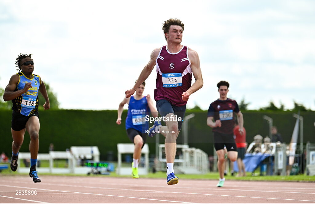 1 June 2024; Dannan Long of FCJ Bunclody, Wexford,on his way to win the senior boys 200m during day two of the 123.ie All-Ireland Schools’ Track and Field Championships at Tullamore Harriers Athletics Club in Offaly. Photo by Sam Barnes/Sportsfile