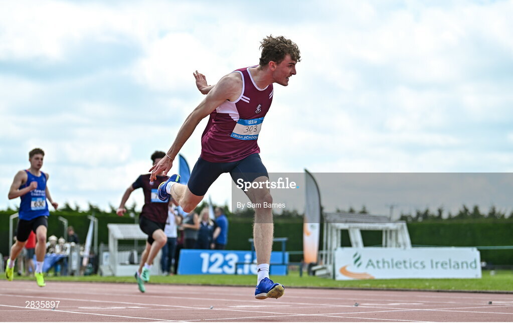 1 June 2024; Dannan Long of FCJ Bunclody, Wexford, dips for the line to win the senior boys 200m during day two of the 123.ie All-Ireland Schools’ Track and Field Championships at Tullamore Harriers Athletics Club in Offaly. Photo by Sam Barnes/Sportsfile
