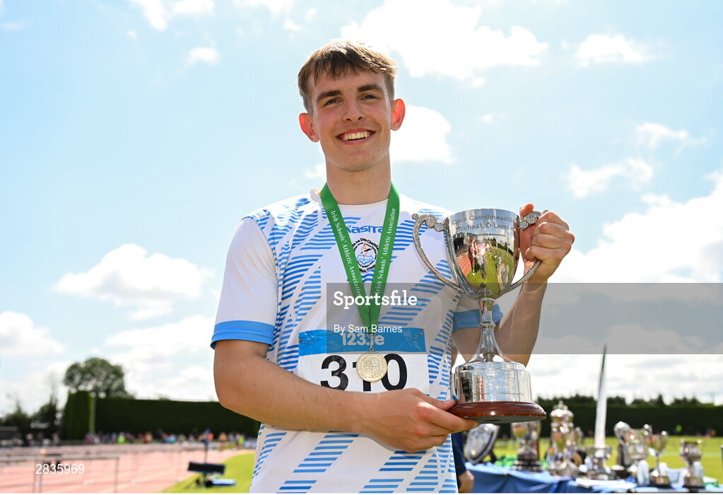 1 June 2024; Michael Kent of Good Counsel College New Ross, Wexford, with his medal and cup after winning the inter boys pole vault with a new championship record of 4.55m during day two of the 123.ie All-Ireland Schools’ Track and Field Championships at Tullamore Harriers Athletics Club in Offaly. Photo by Sam Barnes/Sportsfile
