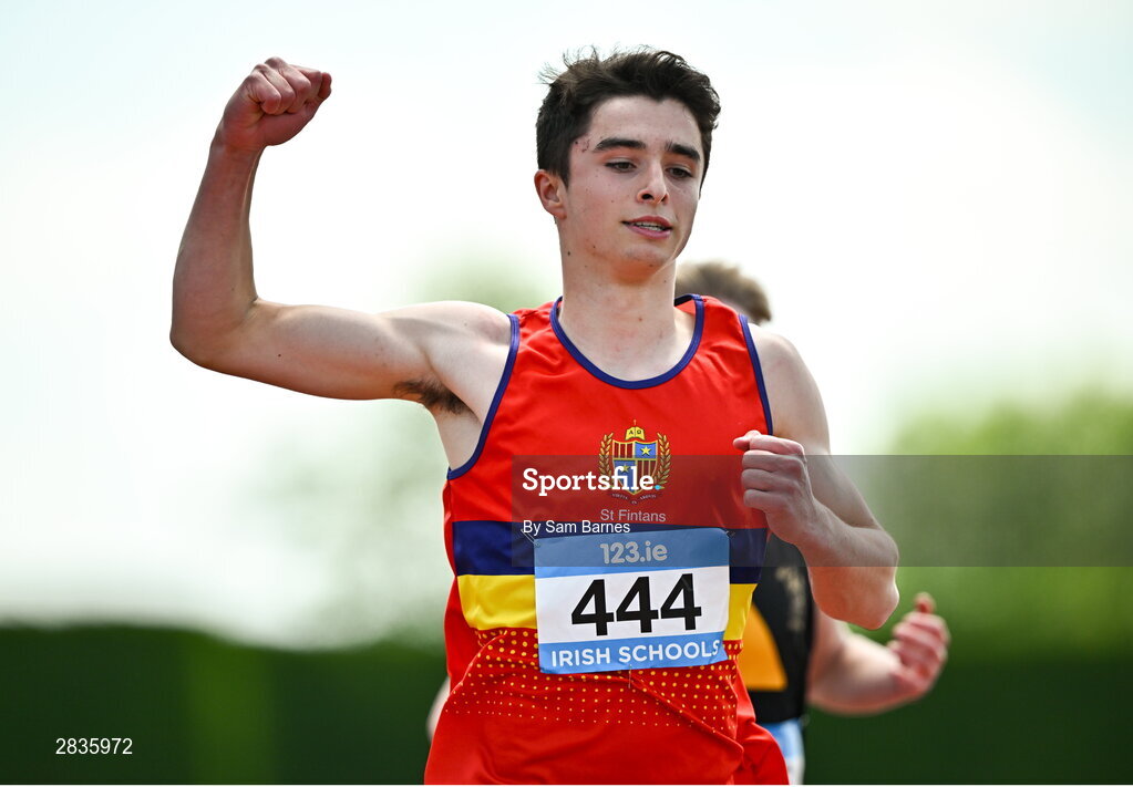 1 June 2024; Des O'Neill of St. Fintans, celebrates winning  the inter boys 100m hurdles during day two of the 123.ie All-Ireland Schools’ Track and Field Championships at Tullamore Harriers Athletics Club in Offaly. Photo by Sam Barnes/Sportsfile