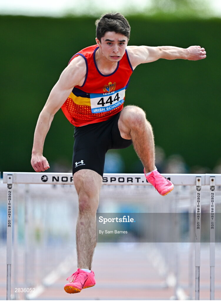 1 June 2024; Des O'Neill of St. Fintans, on his way to winning the inter boys 100m hurdles during day two of the 123.ie All-Ireland Schools’ Track and Field Championships at Tullamore Harriers Athletics Club in Offaly. Photo by Sam Barnes/Sportsfile
