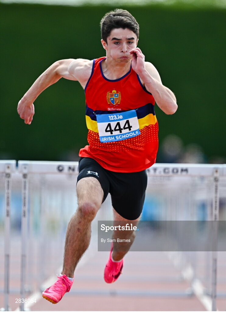 1 June 2024; Des O'Neill of St. Fintans, on his way to winning the inter boys 100m hurdles during day two of the 123.ie All-Ireland Schools’ Track and Field Championships at Tullamore Harriers Athletics Club in Offaly. Photo by Sam Barnes/Sportsfile