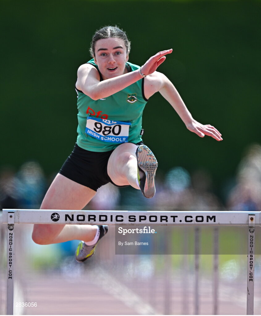 1 June 2024; Veronica O`Neill of Thornhill College Derry, on her way to winning the senior girls 100m hurdles during day two of the 123.ie All-Ireland Schools’ Track and Field Championships at Tullamore Harriers Athletics Club in Offaly. Photo by Sam Barnes/Sportsfile