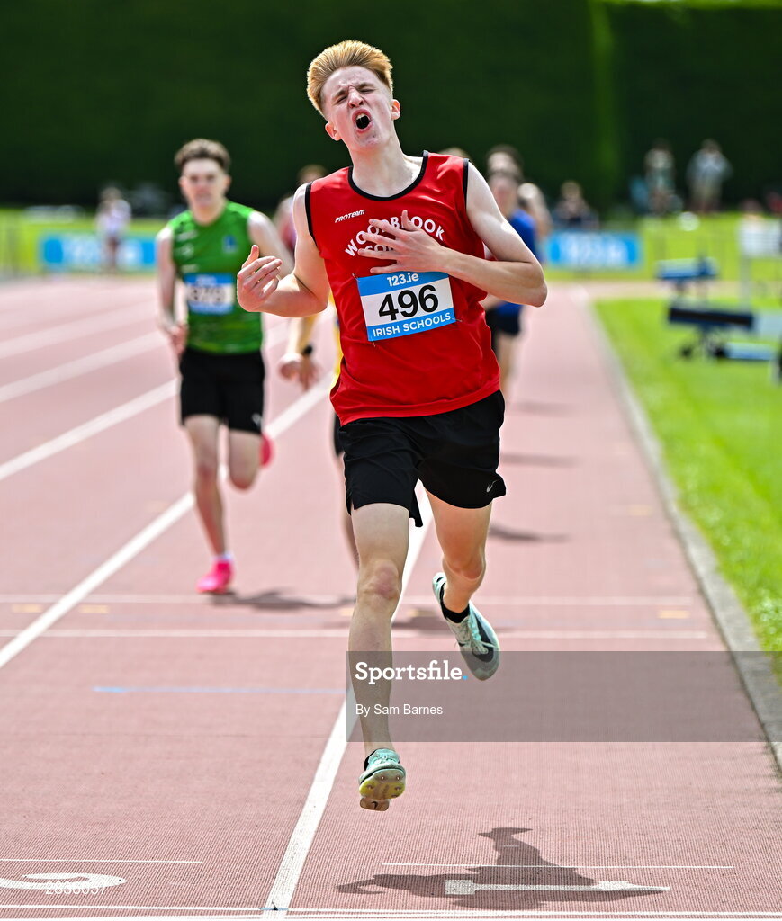 1 June 2024; Bobby More of Woodbrook College, Wicklow, crosses the line to win the inter boys 800m during day two of the 123.ie All-Ireland Schools’ Track and Field Championships at Tullamore Harriers Athletics Club in Offaly. Photo by Sam Barnes/Sportsfile
