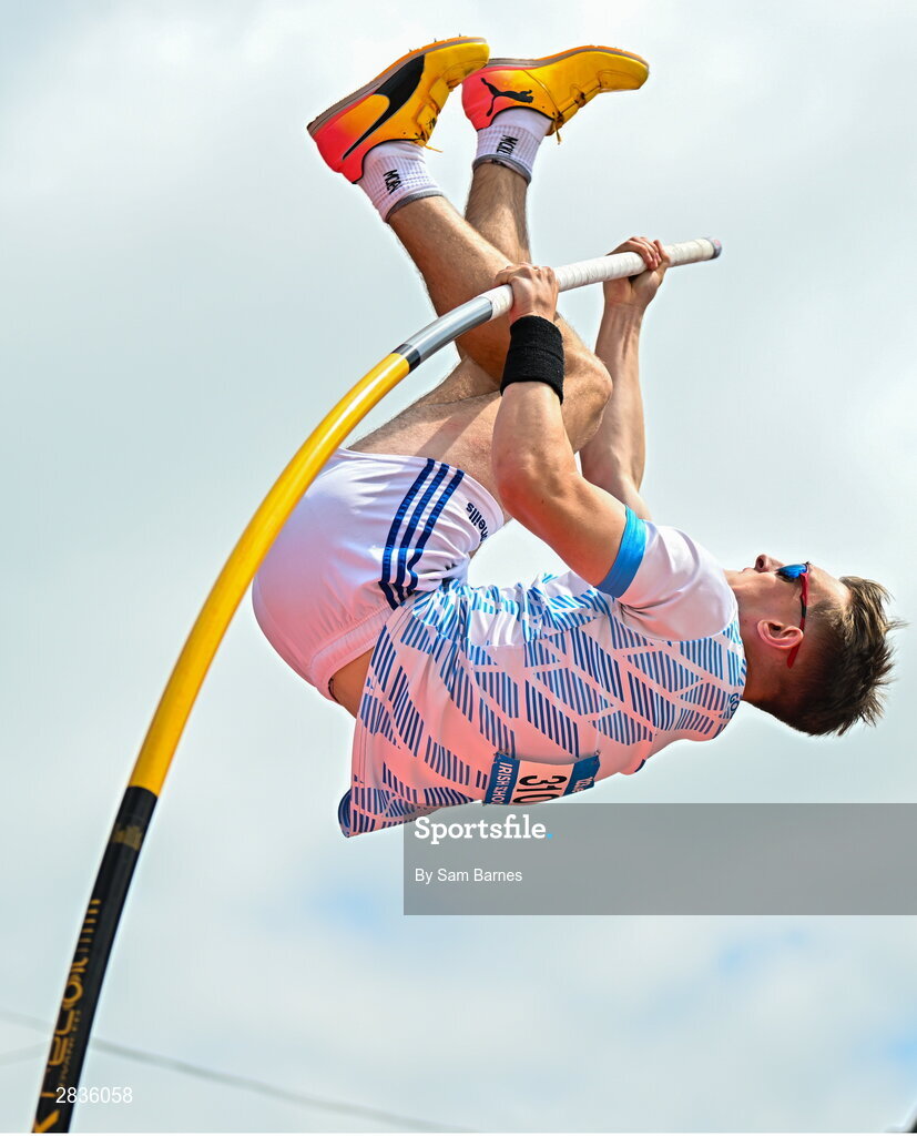 1 June 2024; Michael Kent of Good Counsel College New Ross, Wexford, on his way to winning the inter boys pole vault during day two of the 123.ie All-Ireland Schools’ Track and Field Championships at Tullamore Harriers Athletics Club in Offaly. Photo by Sam Barnes/Sportsfile