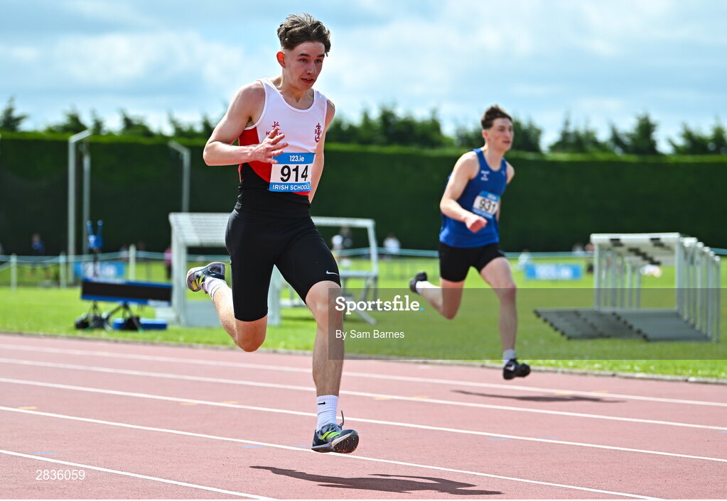 1 June 2024; Ewan Donald of Regent Hse Newtownards, Down, competes in the junior boys 200m during day two of the 123.ie All-Ireland Schools’ Track and Field Championships at Tullamore Harriers Athletics Club in Offaly. Photo by Sam Barnes/Sportsfile