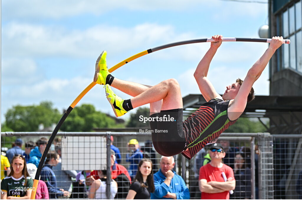 1 June 2024; Jamie Hyland of CBS Carlow, competes in the inter boys pole vault during day two of the 123.ie All-Ireland Schools’ Track and Field Championships at Tullamore Harriers Athletics Club in Offaly. Photo by Sam Barnes/Sportsfile