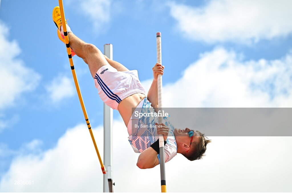 1 June 2024; Michael Kent of Good Counsel College New Ross, Wexford, on his way to winning the inter boys pole vault during day two of the 123.ie All-Ireland Schools’ Track and Field Championships at Tullamore Harriers Athletics Club in Offaly. Photo by Sam Barnes/Sportsfile
