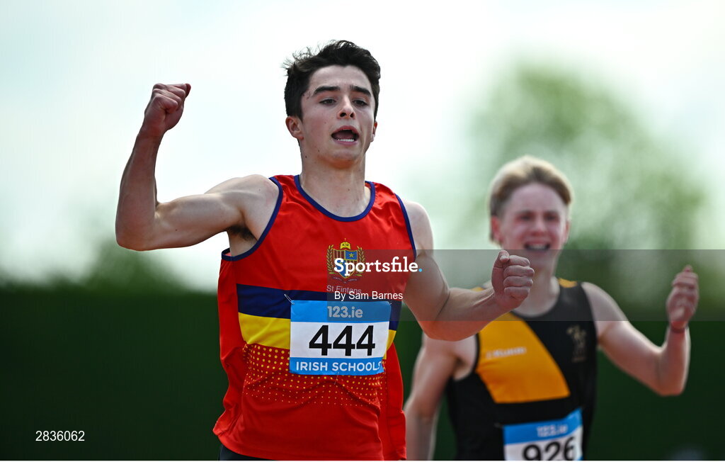 1 June 2024; Des O'Neill of St. Fintans, celebrates winning  the inter boys 100m hurdles during day two of the 123.ie All-Ireland Schools’ Track and Field Championships at Tullamore Harriers Athletics Club in Offaly. Photo by Sam Barnes/Sportsfile