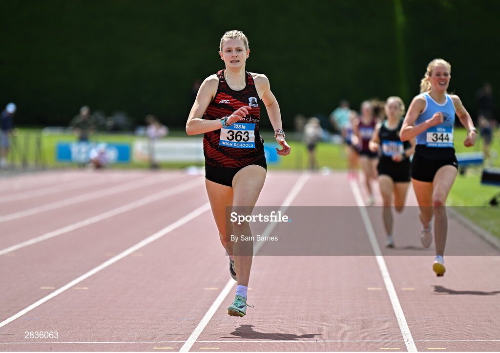 1 June 2024; Saoirse Fitzgerald of Luttrellstown CC, Dublin, on her way to winning the senior girls 800m during day two of the 123.ie All-Ireland Schools’ Track and Field Championships at Tullamore Harriers Athletics Club in Offaly. Photo by Sam Barnes/Sportsfile