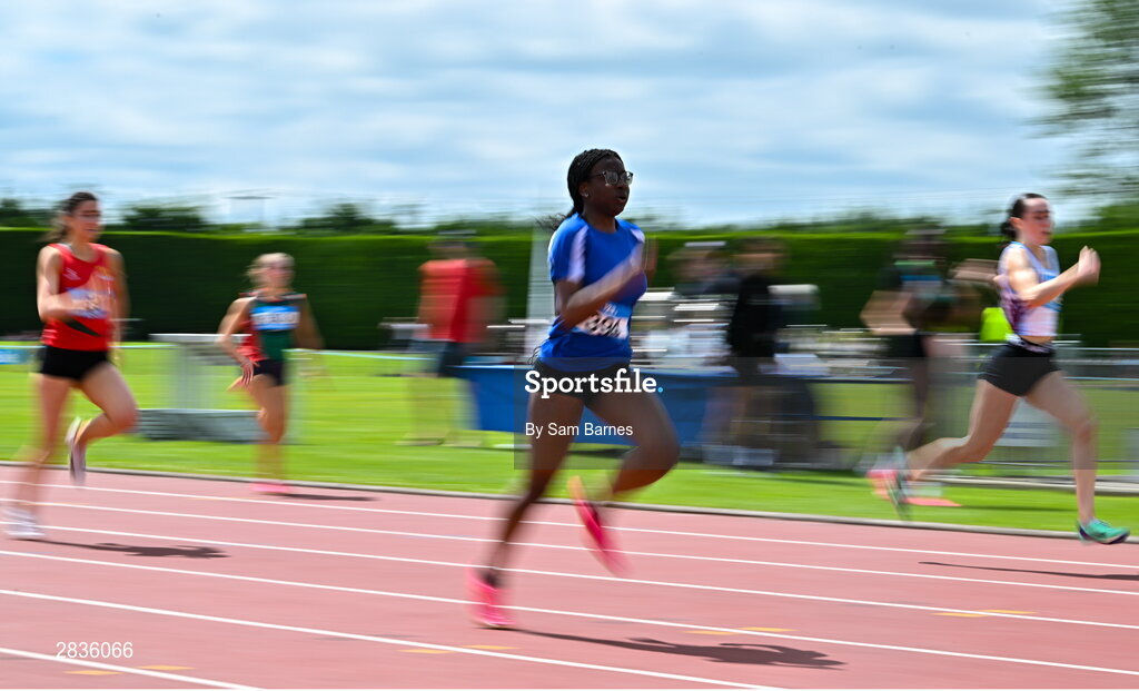 1 June 2024; Uche Disu of Old Bawn CS, Dublin, competes in the senior girls 200m during day two of the 123.ie All-Ireland Schools’ Track and Field Championships at Tullamore Harriers Athletics Club in Offaly. Photo by Sam Barnes/Sportsfile