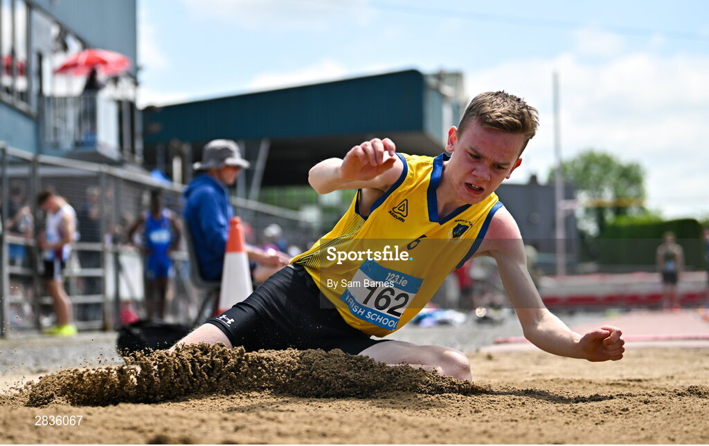 1 June 2024; Conor McDonagh of St. Attractas CS Tubbercurry, Sligo, competes in the inter boys long jump during day two of the 123.ie All-Ireland Schools’ Track and Field Championships at Tullamore Harriers Athletics Club in Offaly. Photo by Sam Barnes/Sportsfile