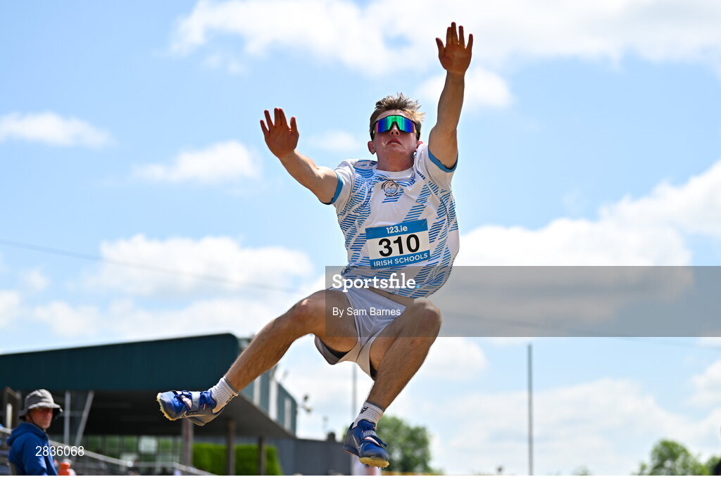 1 June 2024; Michael Kent of Good Counsel College New Ross, Wexford, competes in the inter boys long jump during day two of the 123.ie All-Ireland Schools’ Track and Field Championships at Tullamore Harriers Athletics Club in Offaly. Photo by Sam Barnes/Sportsfile