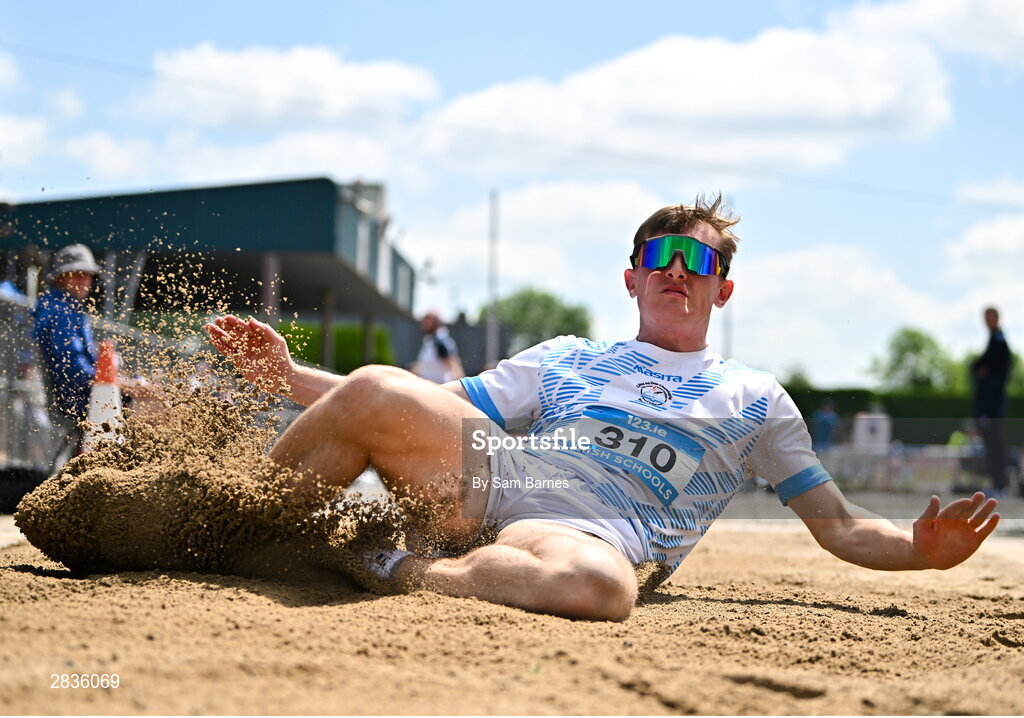 1 June 2024; Michael Kent of Good Counsel College New Ross, Wexford, competes in the inter boys long jump during day two of the 123.ie All-Ireland Schools’ Track and Field Championships at Tullamore Harriers Athletics Club in Offaly. Photo by Sam Barnes/Sportsfile