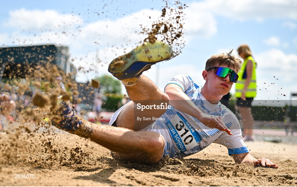 1 June 2024; Michael Kent of Good Counsel College New Ross, Wexford, competes in the inter boys long jump during day two of the 123.ie All-Ireland Schools’ Track and Field Championships at Tullamore Harriers Athletics Club in Offaly. Photo by Sam Barnes/Sportsfile