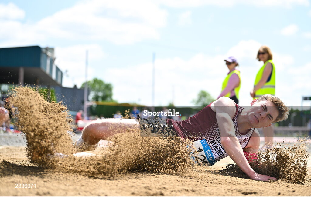 1 June 2024; Ben Moran of Presentation College Athenry, Galway, competes in the inter boys long jump during day two of the 123.ie All-Ireland Schools’ Track and Field Championships at Tullamore Harriers Athletics Club in Offaly. Photo by Sam Barnes/Sportsfile
