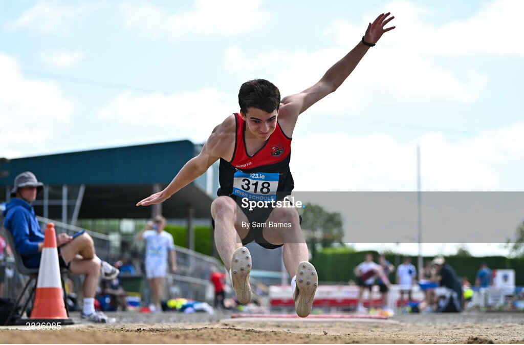 1 June 2024; Taylor Ryan of Kildare Town CS, competes in the inter boys long jump during day two of the 123.ie All-Ireland Schools’ Track and Field Championships at Tullamore Harriers Athletics Club in Offaly. Photo by Sam Barnes/Sportsfile