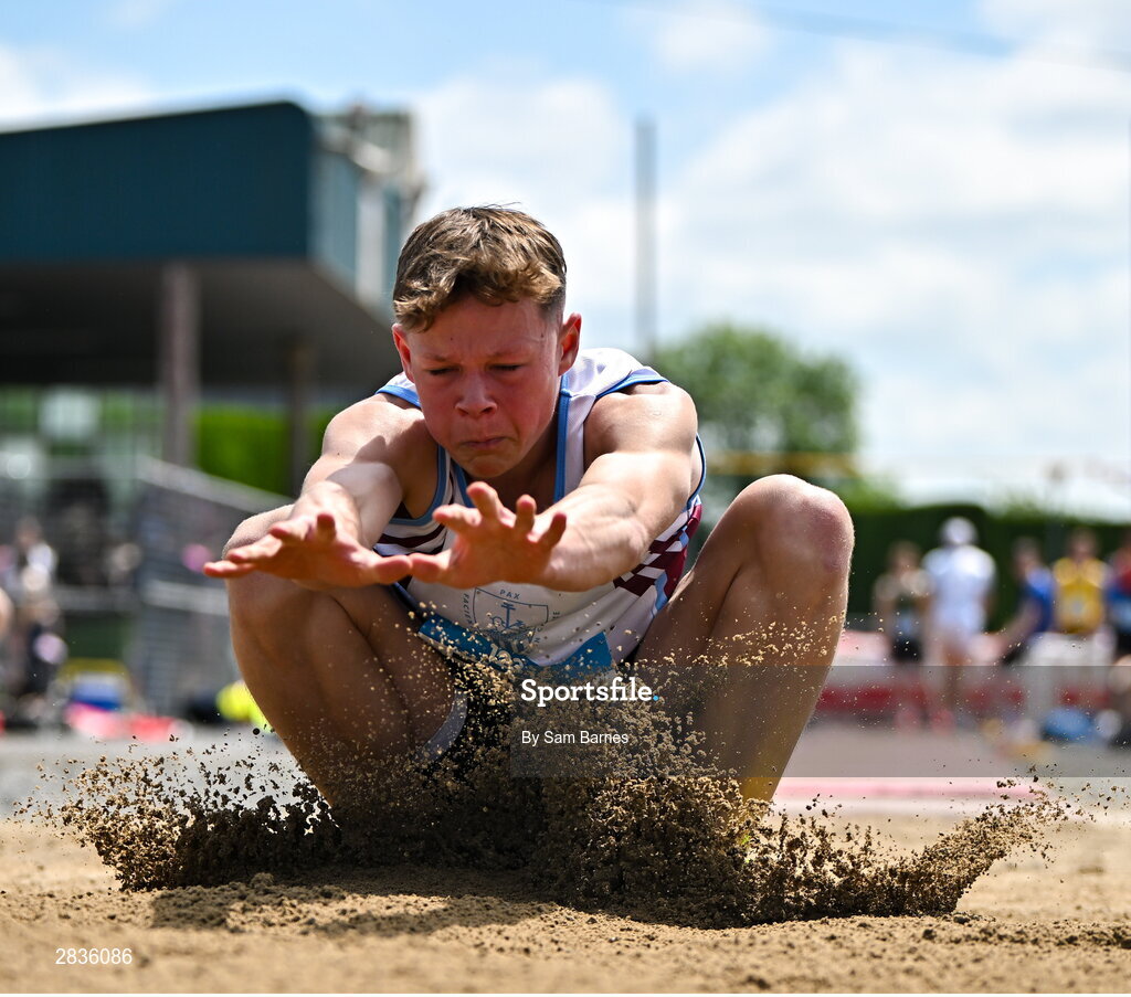 1 June 2024; Josh Devlin of St. Marys Newport, Mayo, competes in the inter boys long jump during day two of the 123.ie All-Ireland Schools’ Track and Field Championships at Tullamore Harriers Athletics Club in Offaly. Photo by Sam Barnes/Sportsfile