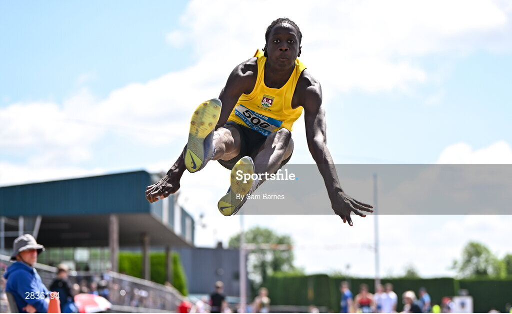 1 June 2024; Ryan Onoh of Ashton Cork, competes in the inter boys long jump during day two of the 123.ie All-Ireland Schools’ Track and Field Championships at Tullamore Harriers Athletics Club in Offaly. Photo by Sam Barnes/Sportsfile