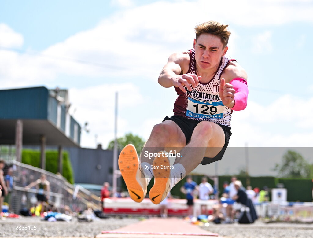 1 June 2024; Ben Moran of Presentation College Athenry, Galway, competes in the inter boys long jump during day two of the 123.ie All-Ireland Schools’ Track and Field Championships at Tullamore Harriers Athletics Club in Offaly. Photo by Sam Barnes/Sportsfile