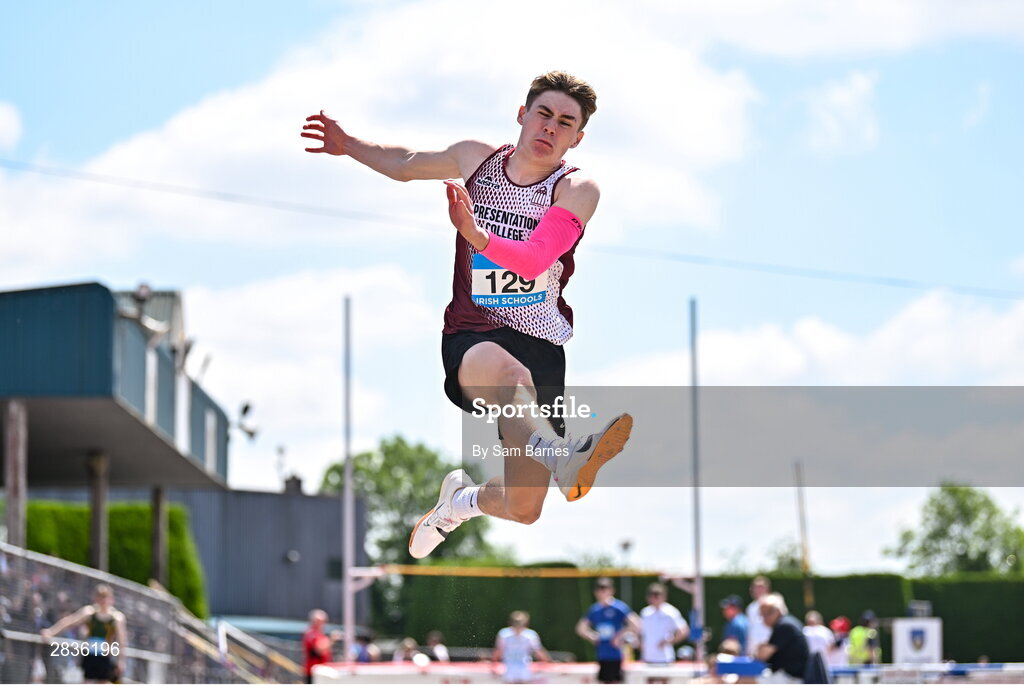 1 June 2024; Ben Moran of Presentation College Athenry, Galway, competes in the inter boys long jump during day two of the 123.ie All-Ireland Schools’ Track and Field Championships at Tullamore Harriers Athletics Club in Offaly. Photo by Sam Barnes/Sportsfile