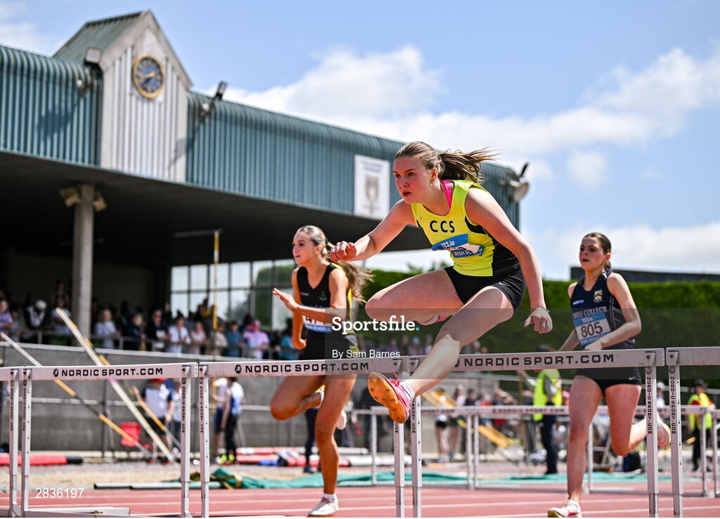 1 June 2024; Giselle Ahern of Carrigaline CS , Cork, competes in the junior girls 75m hurdles during day two of the 123.ie All-Ireland Schools’ Track and Field Championships at Tullamore Harriers Athletics Club in Offaly. Photo by Sam Barnes/Sportsfile