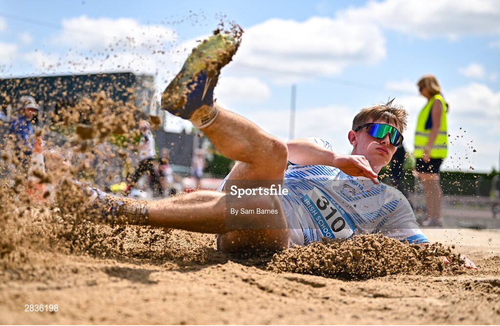 1 June 2024; Michael Kent of Good Counsel College New Ross, Wexford, competes in the inter boys long jump during day two of the 123.ie All-Ireland Schools’ Track and Field Championships at Tullamore Harriers Athletics Club in Offaly. Photo by Sam Barnes/Sportsfile
