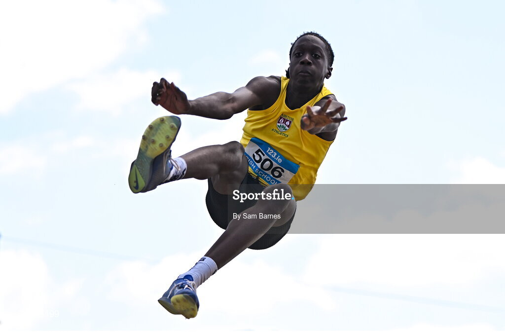 1 June 2024; Ryan Onoh of Ashton Cork, competes in the inter boys long jump during day two of the 123.ie All-Ireland Schools’ Track and Field Championships at Tullamore Harriers Athletics Club in Offaly. Photo by Sam Barnes/Sportsfile