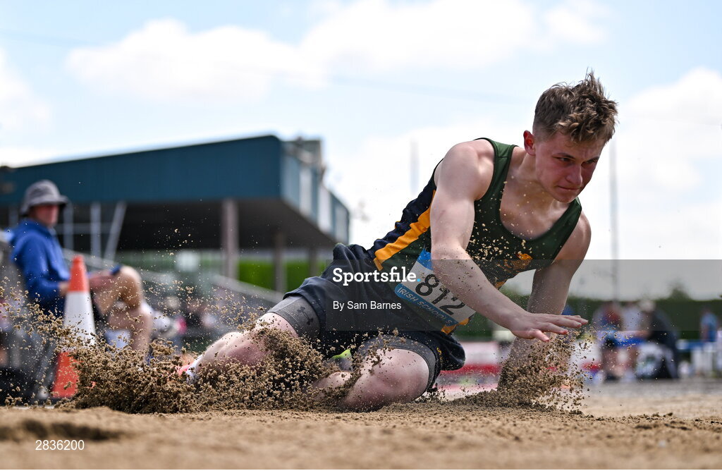 1 June 2024; Alex Watson of Down HS Downpatrick, competes in the inter boys long jump during day two of the 123.ie All-Ireland Schools’ Track and Field Championships at Tullamore Harriers Athletics Club in Offaly. Photo by Sam Barnes/Sportsfile