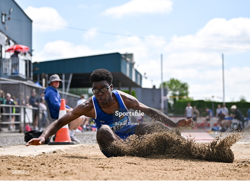 1 June 2024; Daniel Sangodele of St. Josephs Galway, competes in the inter boys long jump during day two of the 123.ie All-Ireland Schools’ Track and Field Championships at Tullamore Harriers Athletics Club in Offaly. Photo by Sam Barnes/Sportsfile