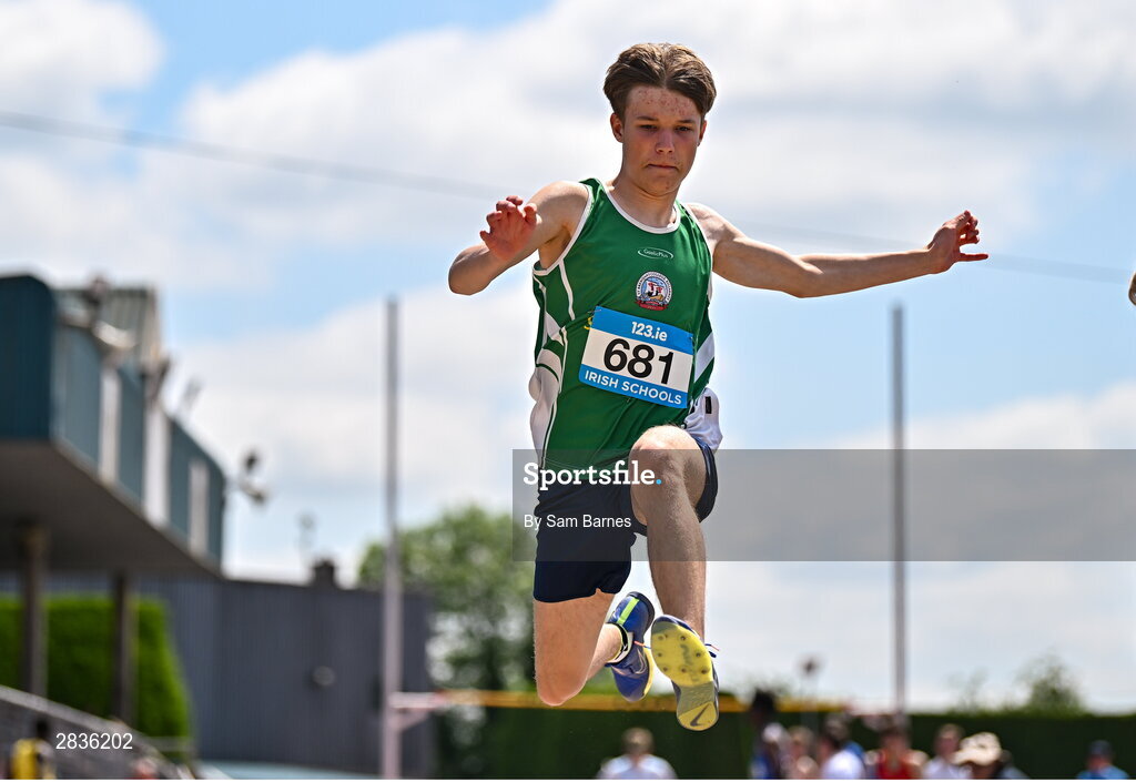 1 June 2024; Dominik Wasila of St. Brendans Killarney, Kerry, competes in the inter boys long jump during day two of the 123.ie All-Ireland Schools’ Track and Field Championships at Tullamore Harriers Athletics Club in Offaly. Photo by Sam Barnes/Sportsfile