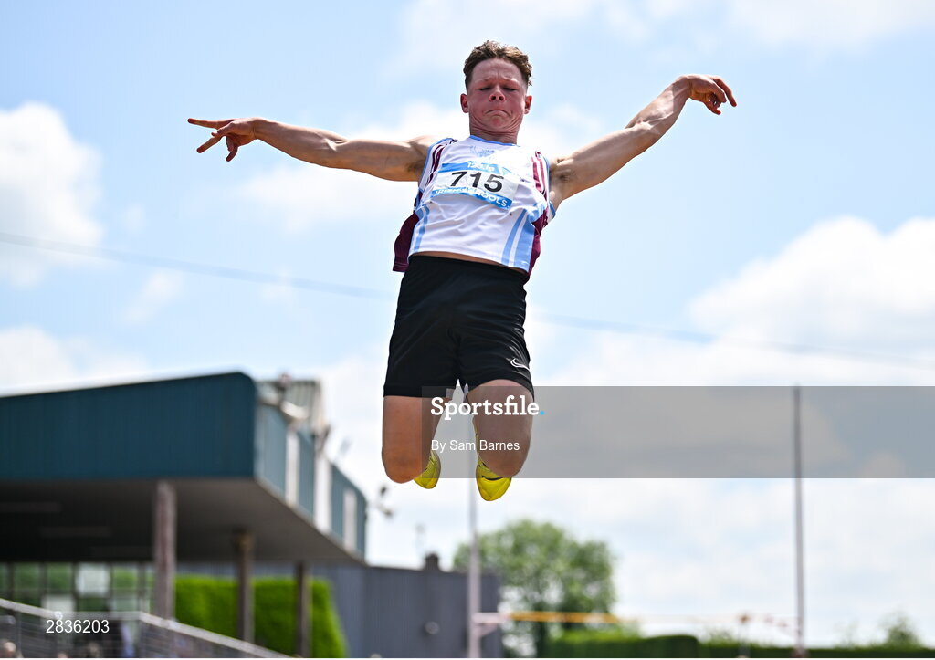 1 June 2024; Josh Devlin of St. Marys Newport, Mayo, competes in the inter boys long jump during day two of the 123.ie All-Ireland Schools’ Track and Field Championships at Tullamore Harriers Athletics Club in Offaly. Photo by Sam Barnes/Sportsfile