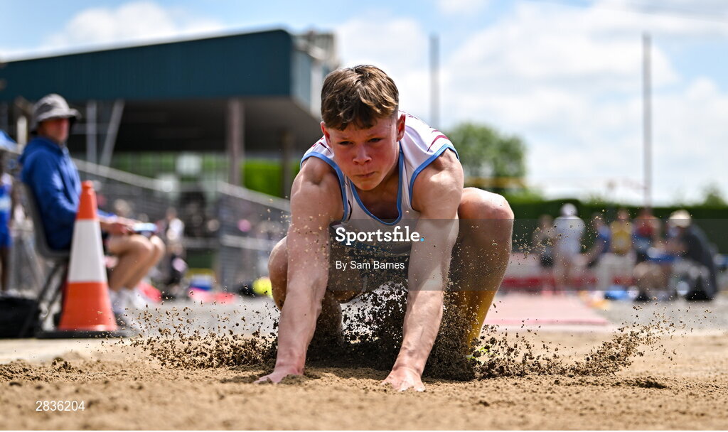 1 June 2024; Josh Devlin of St. Marys Newport, Mayo, competes in the inter boys long jump during day two of the 123.ie All-Ireland Schools’ Track and Field Championships at Tullamore Harriers Athletics Club in Offaly. Photo by Sam Barnes/Sportsfile